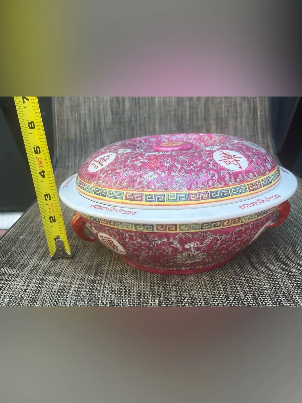 Chinese Porcelain Serving Bowl With 5 Bowls & Soup Spoons Pink Longevity Pattern